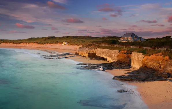 Sand, sea, clouds, rocks, hills, shore, the fence, dal