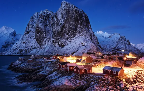 Winter, the sky, stars, snow, mountains, lights, stones, rocks
