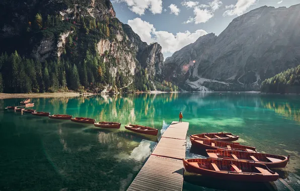 Girl, light, mountains, lake, reflection, rocks, shore, boats