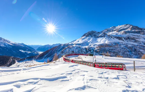 Winter, the sky, the sun, rays, snow, trees, mountains, train