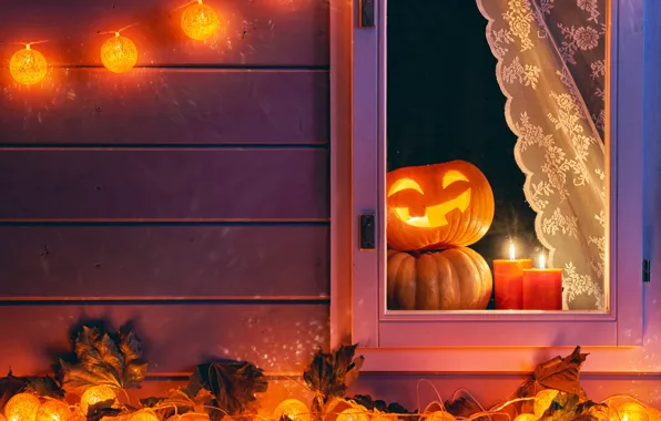 Picture autumn, night, window, Halloween, pumpkin, Halloween, autumn, pumpkin