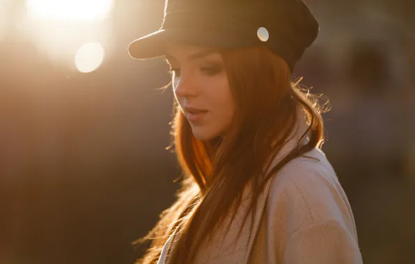 The sun, street, model, portrait, makeup, hairstyle, cap, brown hair