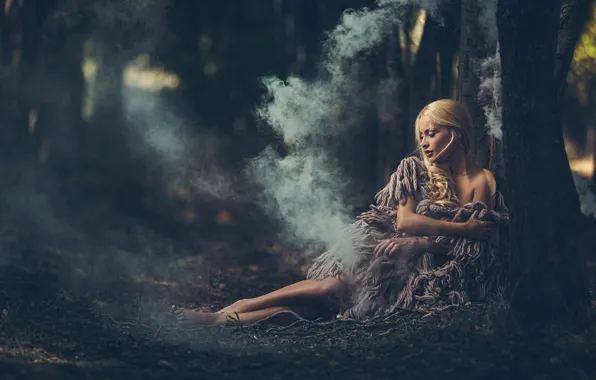 Forest, girl, trees, nature, smoke, barefoot, blonde, shoulder