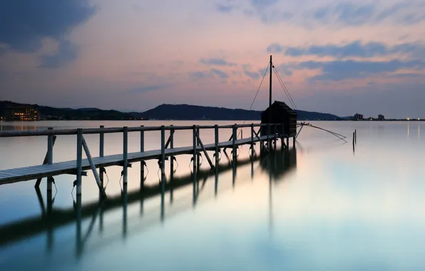 The sky, clouds, lights, lake, shore, home, the evening, pier