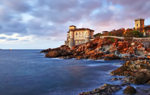 Sea, the sky, clouds, stones, castle, rocks, shore, Italy