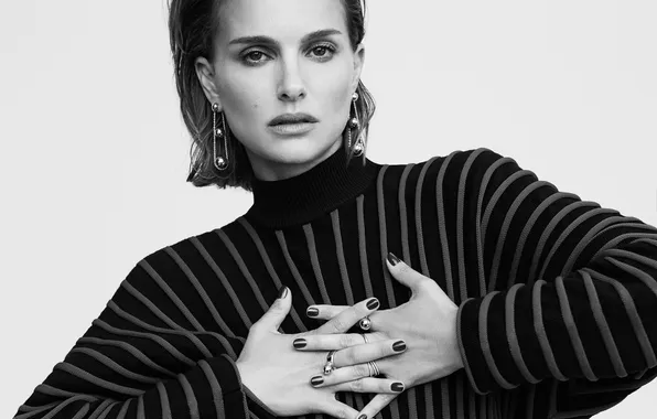Pose, portrait, hands, makeup, actress, hairstyle, white background, black and white