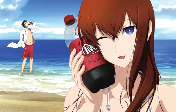 Picture Sea, Beach, Girl, Look, Drink, Male, Makise Kurisu, Steins;Gate