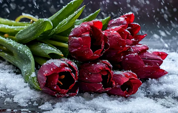Flowers, Red, Snow, Tulips, Tulip, red flowers, Red flowers, Red tulips