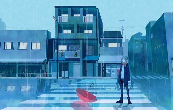 Road, girl, rain, umbrella, traffic light, Hatsune Miku, Vocaloid