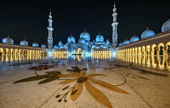 Picture night, lights, architecture, the dome, UAE, Abu Dhabi, the minaret, the Sheikh Zayed Grand mosque