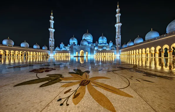 Night, lights, architecture, the dome, UAE, Abu Dhabi, the minaret, the Sheikh Zayed Grand mosque