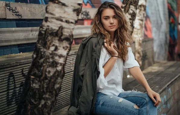 Look, girl, trees, jeans, jacket, birch, Andreas-Joachim Lins, Lea, He.