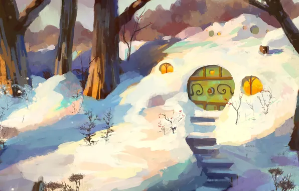 Winter, trees, ladder, the door, art, the snow