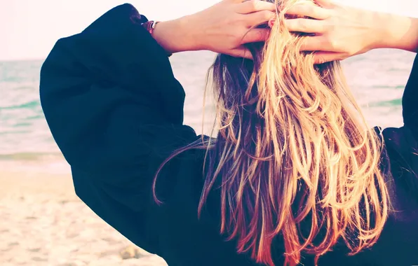 Picture sea, beach, hair, Girl, blonde, the view from the back