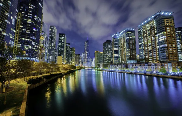 Night, lights, river, skyscrapers, Chicago, USA, Chicago, megapolis