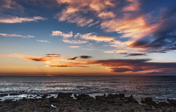 Sea, the sky, clouds, stones, dawn, shore, horizon