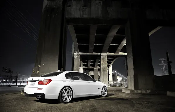 Picture white, night, bridge, BMW, BMW, white, 750Li, 7 Series