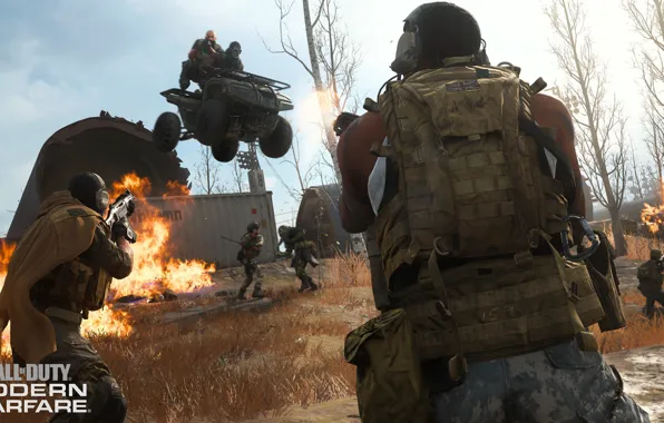 Machine, trees, fire, war, skull, mask, soldiers, Call of Duty