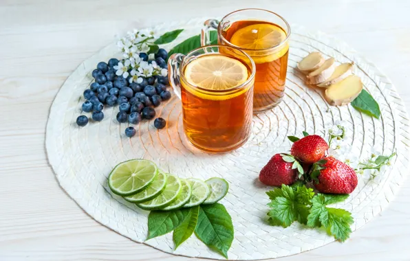 Berries, lemon, tea, blueberries, strawberry, lime, still life