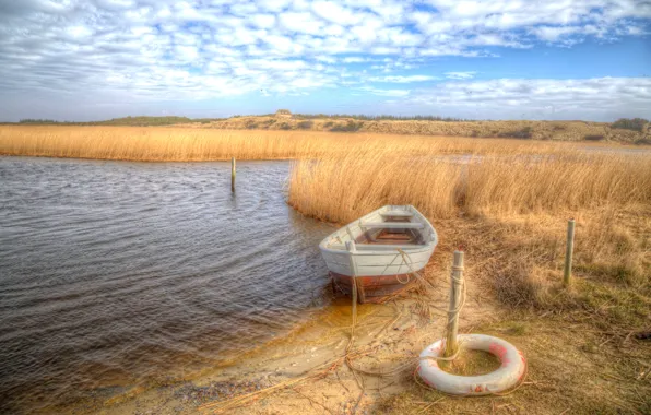 The sky, grass, clouds, the reeds, coast, boat, HDR, rope