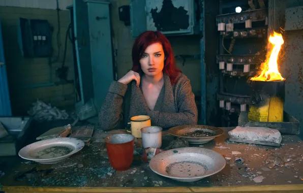 Girl, fragments, table, fire, dust, plates, dishes