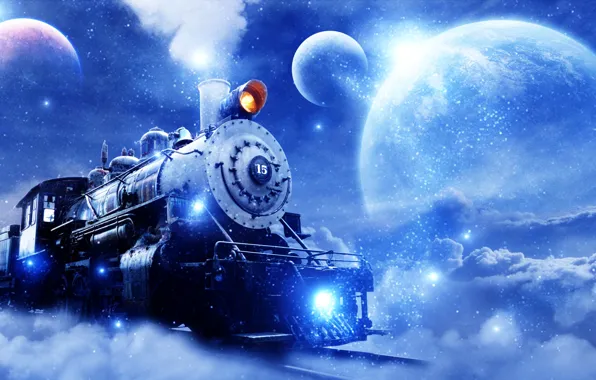 Picture fantasy, clouds, stars, planets, steam train