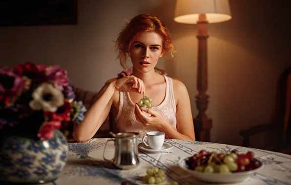 Girl, grapes, red, redhead, George Chernyadev, Georgy Chernyadyev, Kate Ri