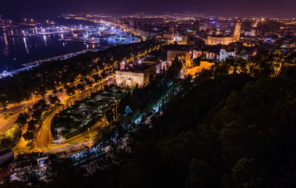 Night, the city, lights, Spain, Malaga city