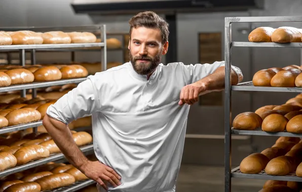 Picture pose, bread, male, shirt, beard, in white, uniform, cakes