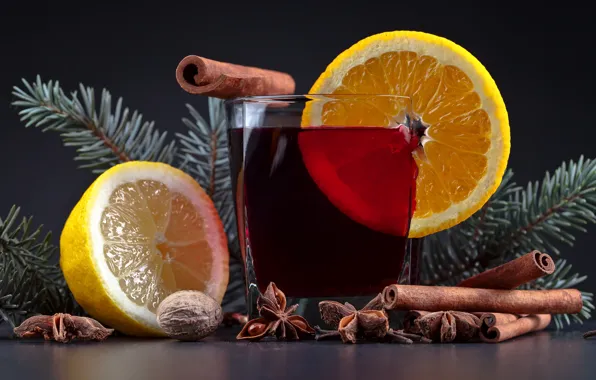 Glass, table, background, lemon, new year, Christmas, walnut, drink