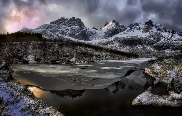 Picture mountains, snow, river