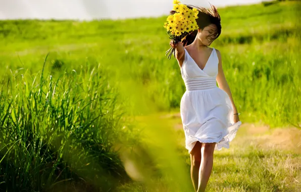 Picture greens, grass, girl, joy, flowers, freshness, nature, smile