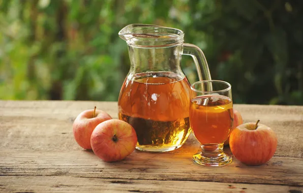 Glass, table, background, apples, juice, pitcher, fruit, bokeh