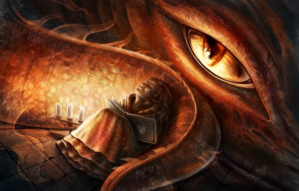 Eyes, dragon, sleep, candles, art, girl, tail, book