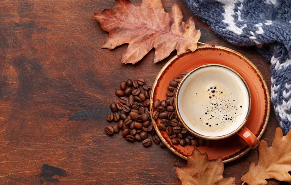 Picture autumn, leaves, grain, wood, autumn, leaves, cup, beans