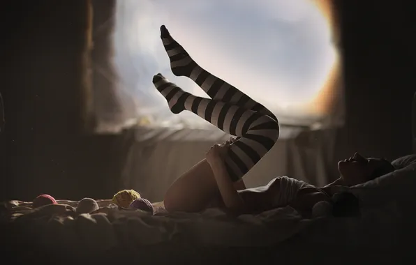 Bed, Girl, silhouette, window, legs, stockings, on the bed, thread