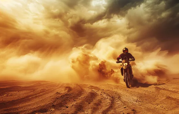 Sand, Desert, Clouds, Motorcycle, Male, Dakar, Digital art, Athlete