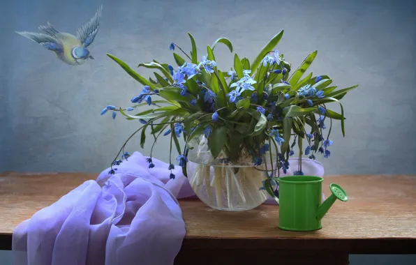 Flowers, snowdrops, still life, decor, Scilla, the watering pot
