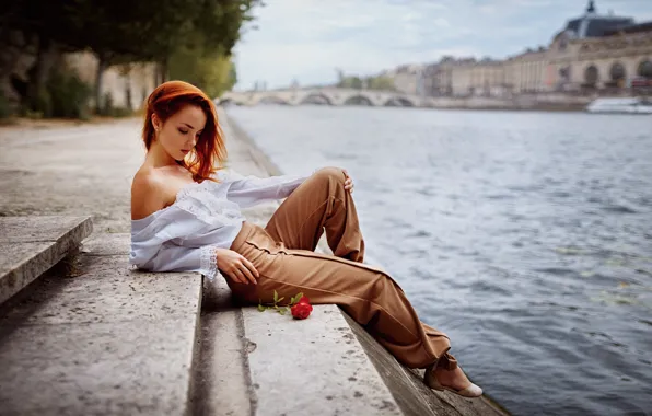 Girl, river, rose, portrait, red, beauty, promenade, George Chernyadev