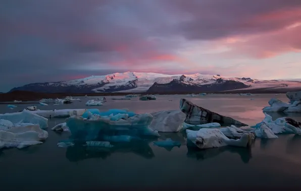 Snow, dawn, Bay, Iceland, icebergs