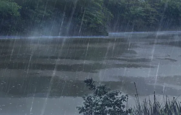 Lake, Trees, Rain, Anime, Makoto Xingkai, Anime, Wallpaper, Clear