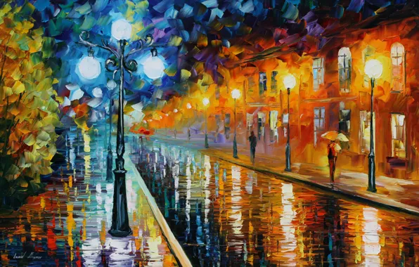 Picture road, umbrella, people, home, lantern, weather, Leonid Afremov, rainy
