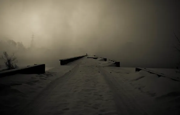 Winter, snow, bridge, fog, river, gloom