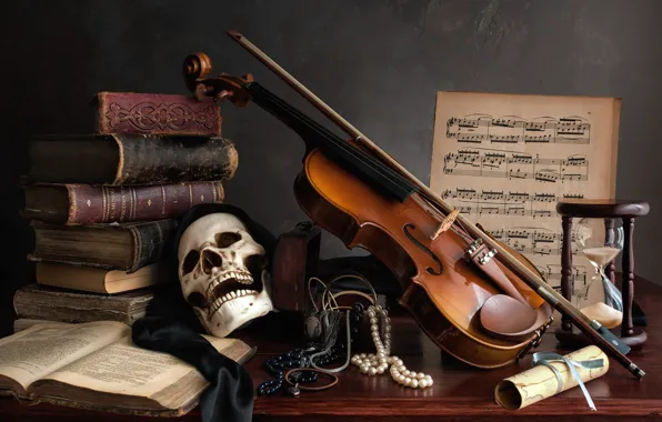 Notes, violin, books, skull, necklace, still life, hourglass