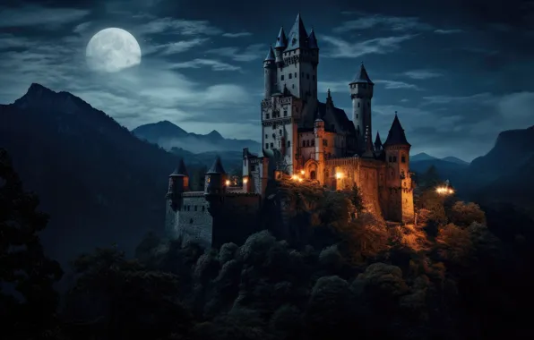 Picture night, castle, rocks, dark, old, moon, view, old