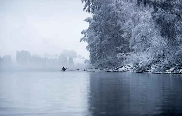 Winter, frost, trees, lake, boat, Norway, kayak, County Akershus