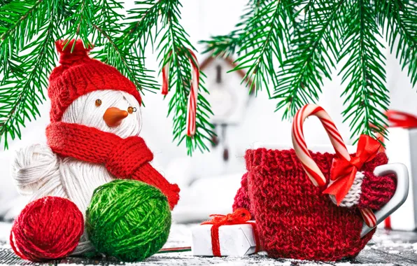 Background, gift, spruce, branch, New year, snowman, box, gift