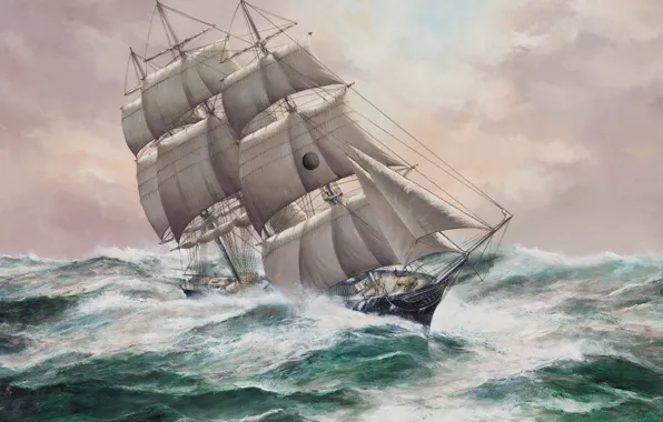 Wave, the ocean, figure, sailboat, sails, large, mast, rigging