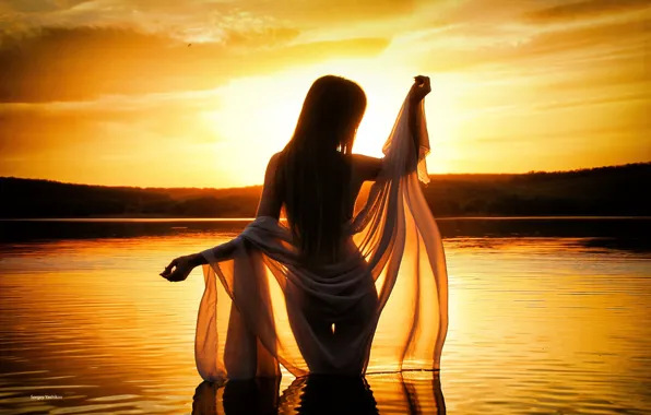 Picture girl, sunset, pose, lake, mood, figure, silhouette, shawl