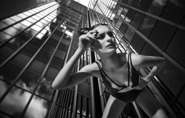 Chest, pose, model, building, black and white, bra, skyscrapers, monochrome